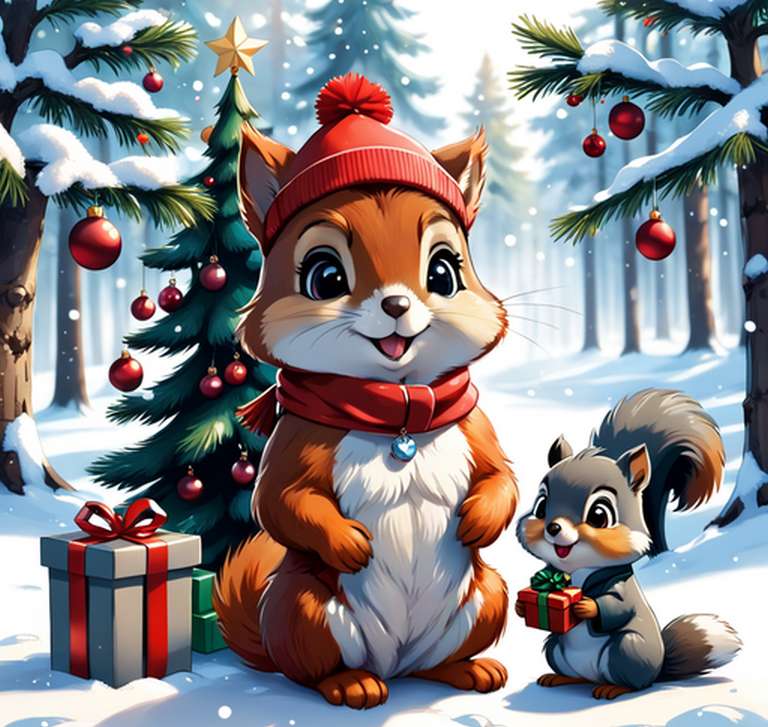 Wiewiórki z prezentami świątecznymi puzzle online
