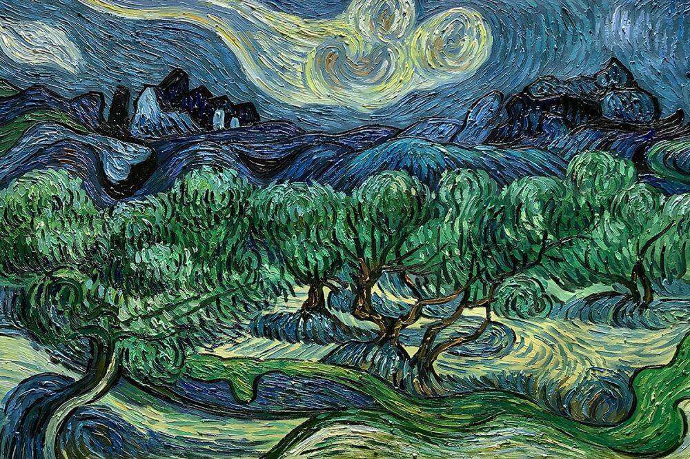 van Gogh: Drzewa oliwne w górzystym krajobrazie puzzle online