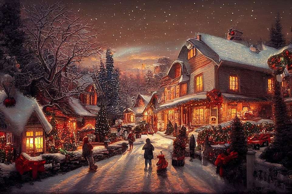 świąteczna Zimowa Sceneria Z małą Wioską puzzle online
