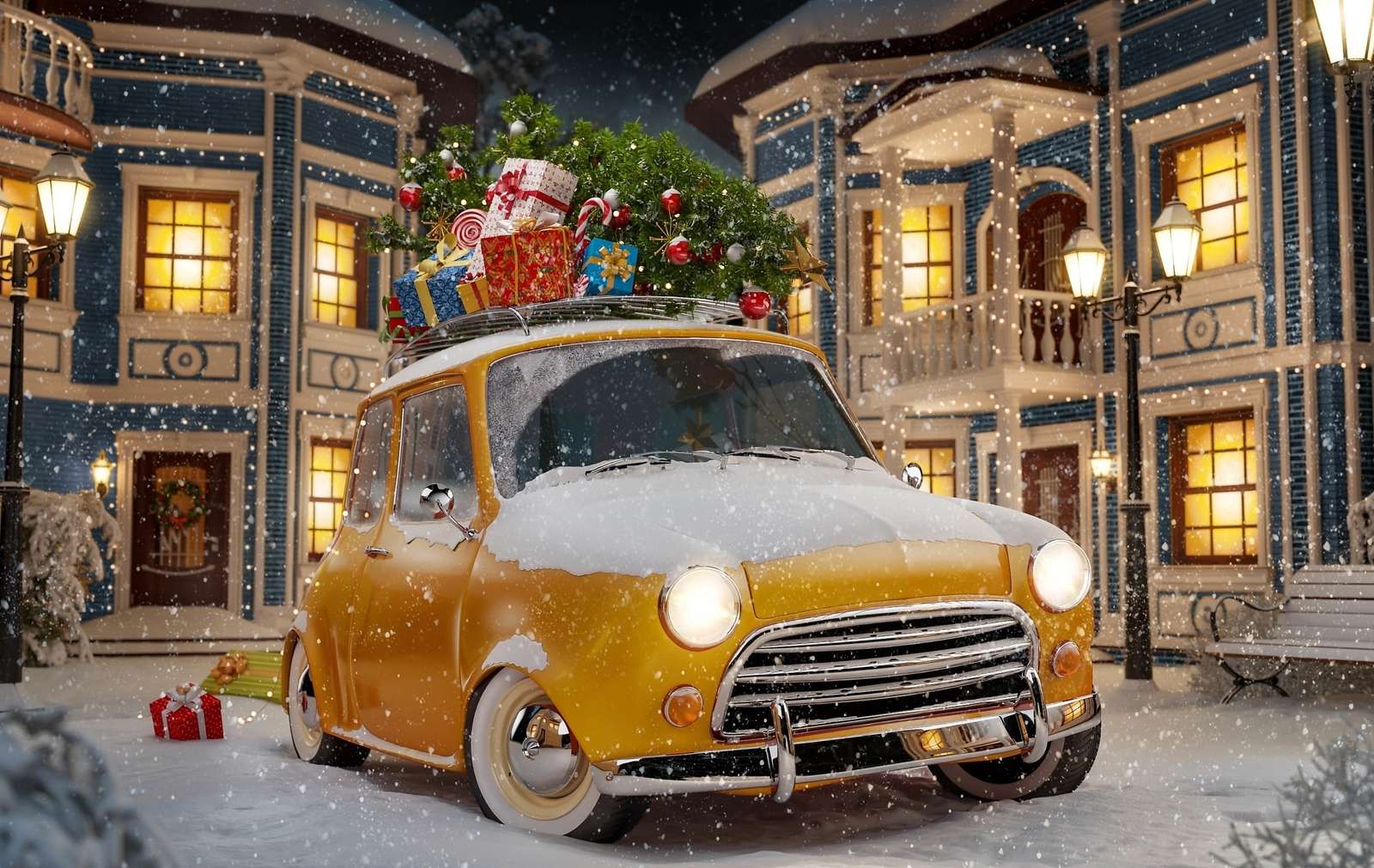 Zimowe auto na ulicy pod latarniami puzzle online