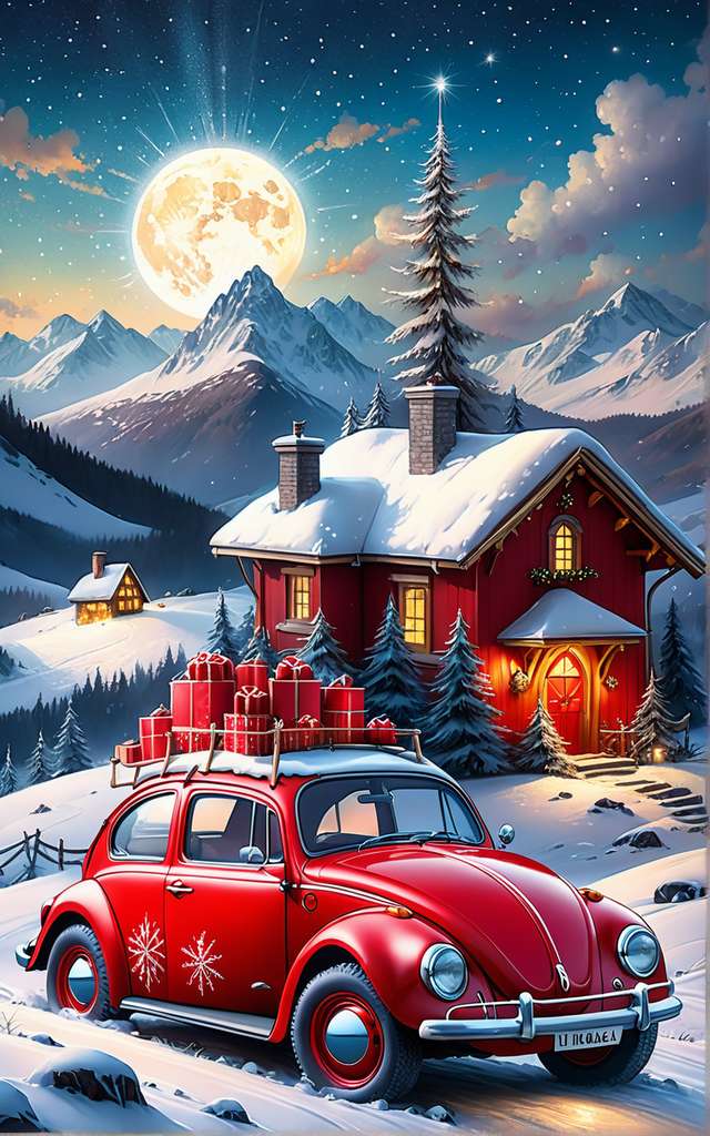 Świąteczny czerwony VW Beetle puzzle online