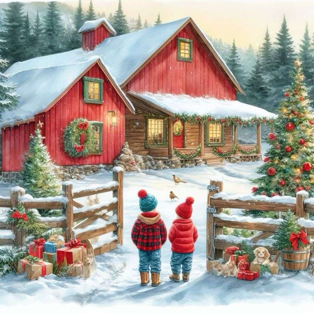 Czerwona farma w świąteczny poranek puzzle online