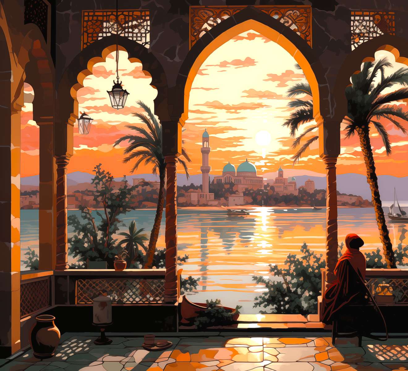 Miasto o zachodzie słońca - arabski pejzaż puzzle online