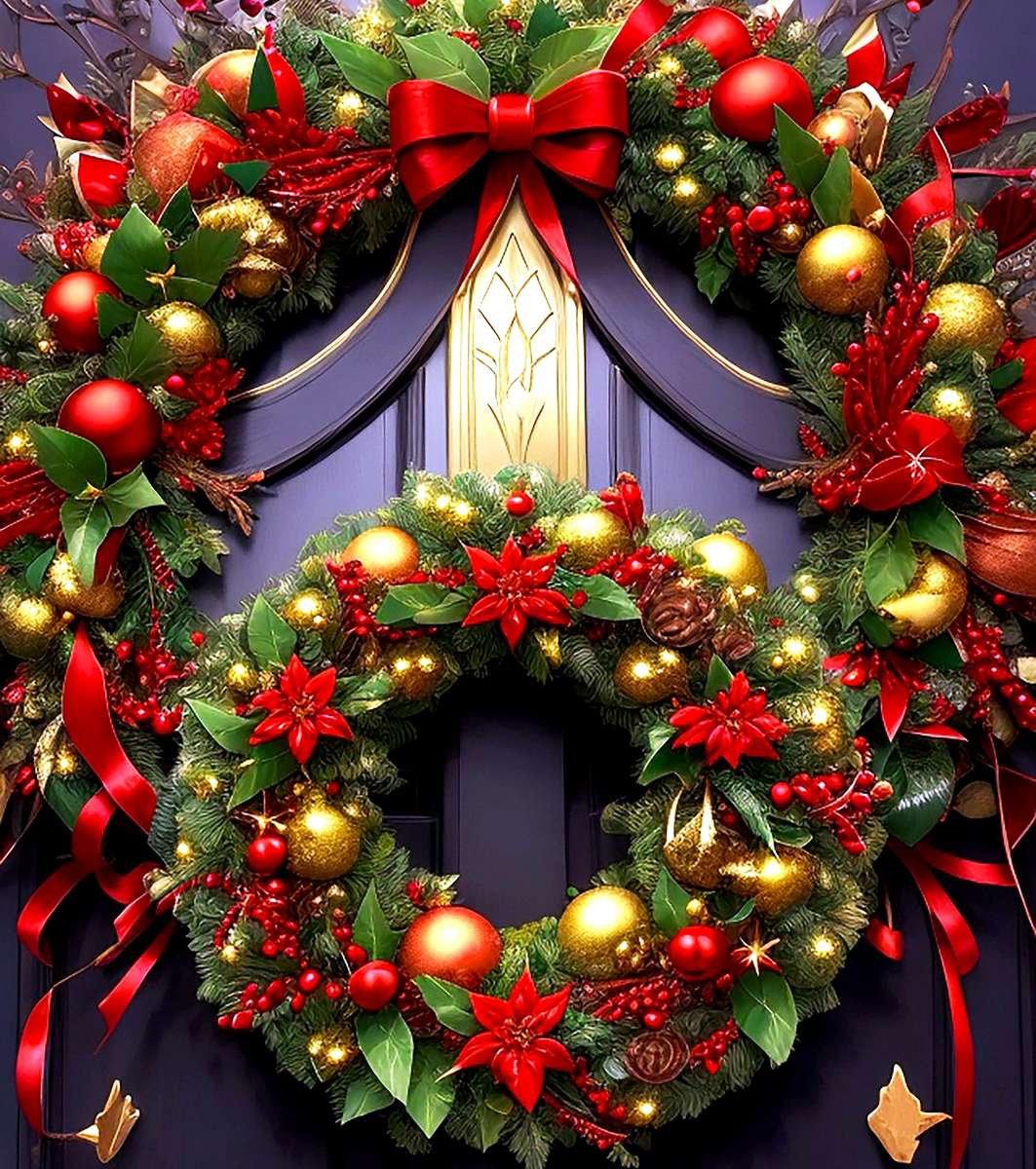 Piękna dekoracja świąteczna na drzwiach domu puzzle online