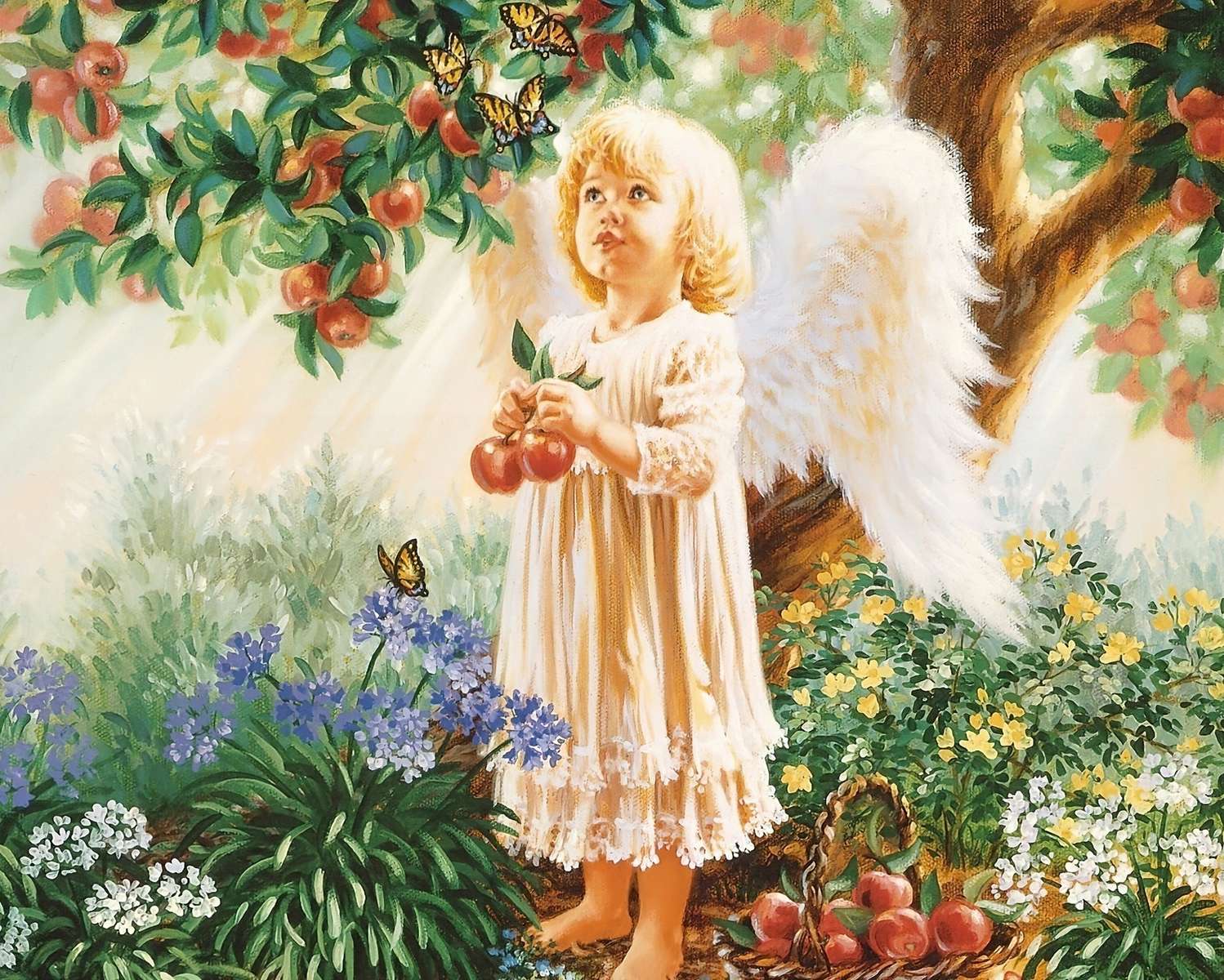 Dziewczynka aniołek stojąca pod jabłonią puzzle online