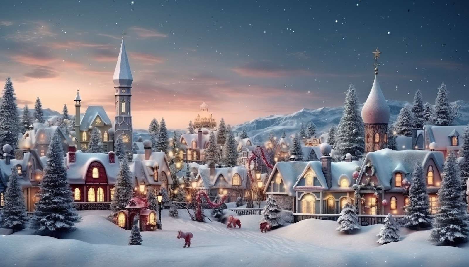 Oświetlone miasteczko w zimowej scenerii puzzle online
