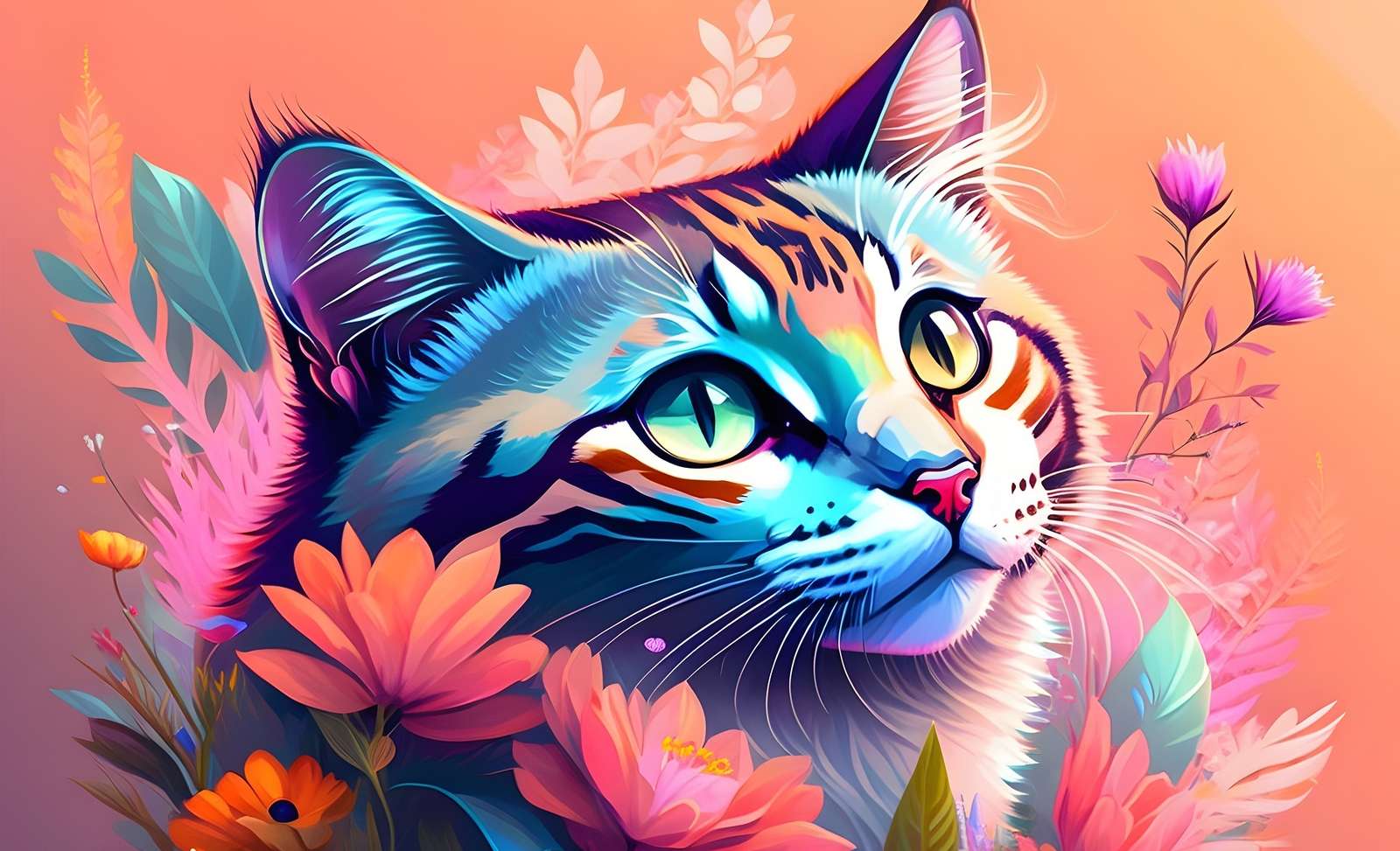 Kolorowy kotek i kwiaty puzzle online