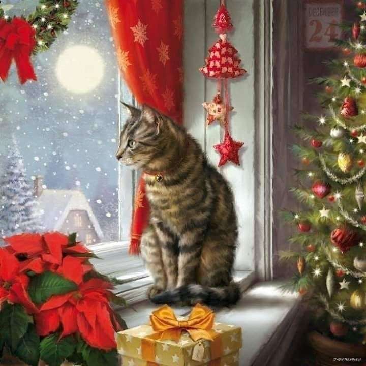 Kotek na parapecie w świąteczny dzień puzzle online
