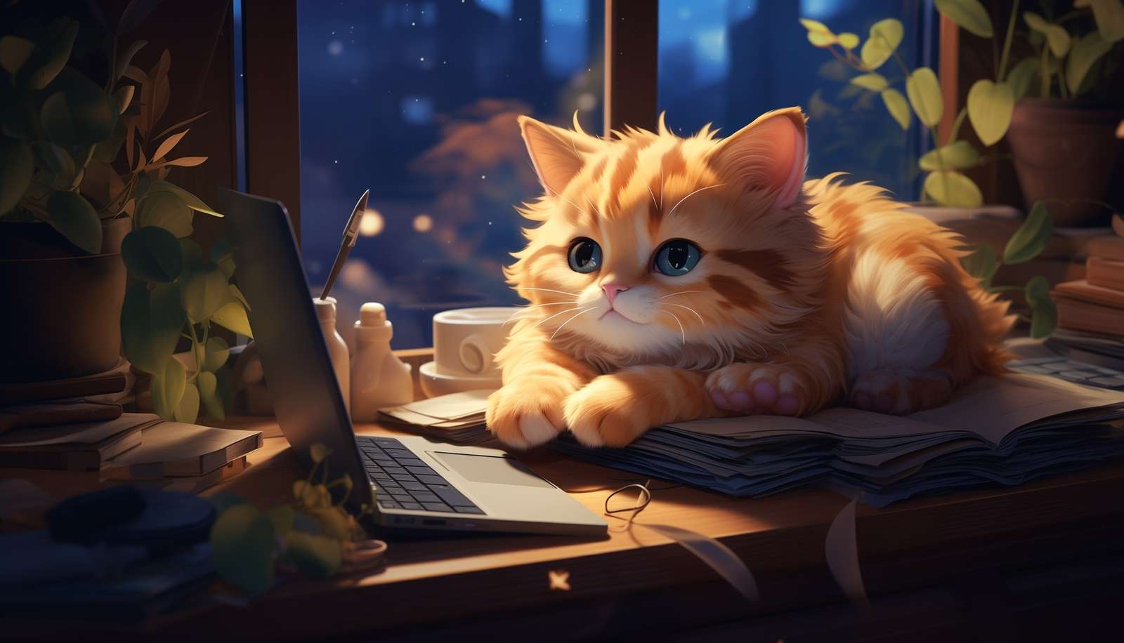 Rudy kotek leżący na książce przy laptopie puzzle online