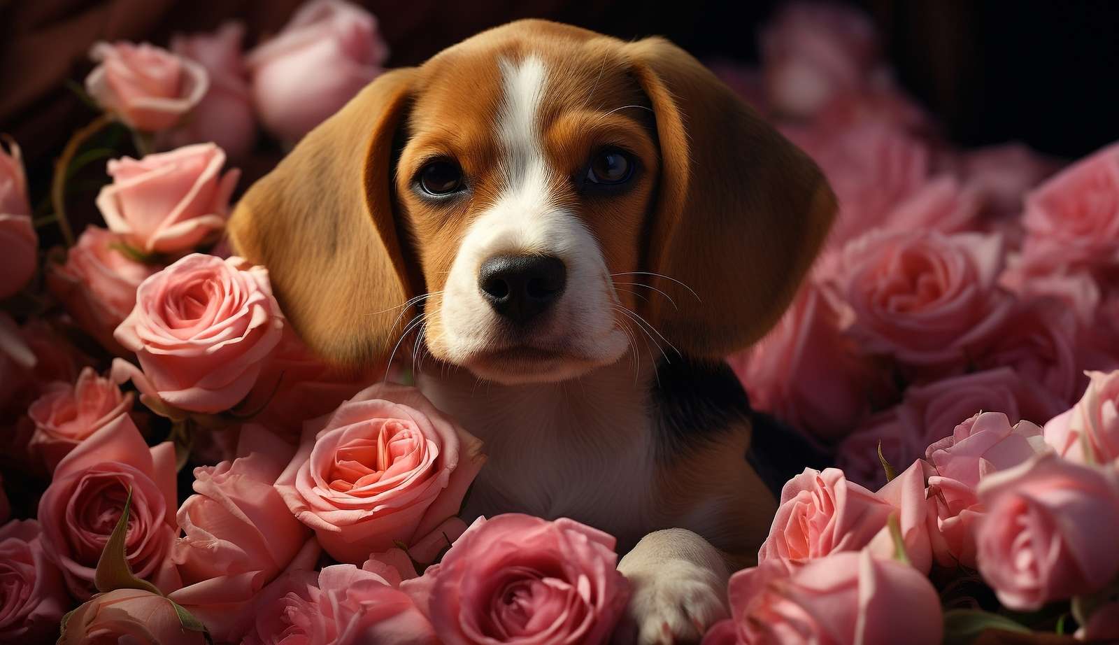 Beagle wśród różowych róż puzzle online