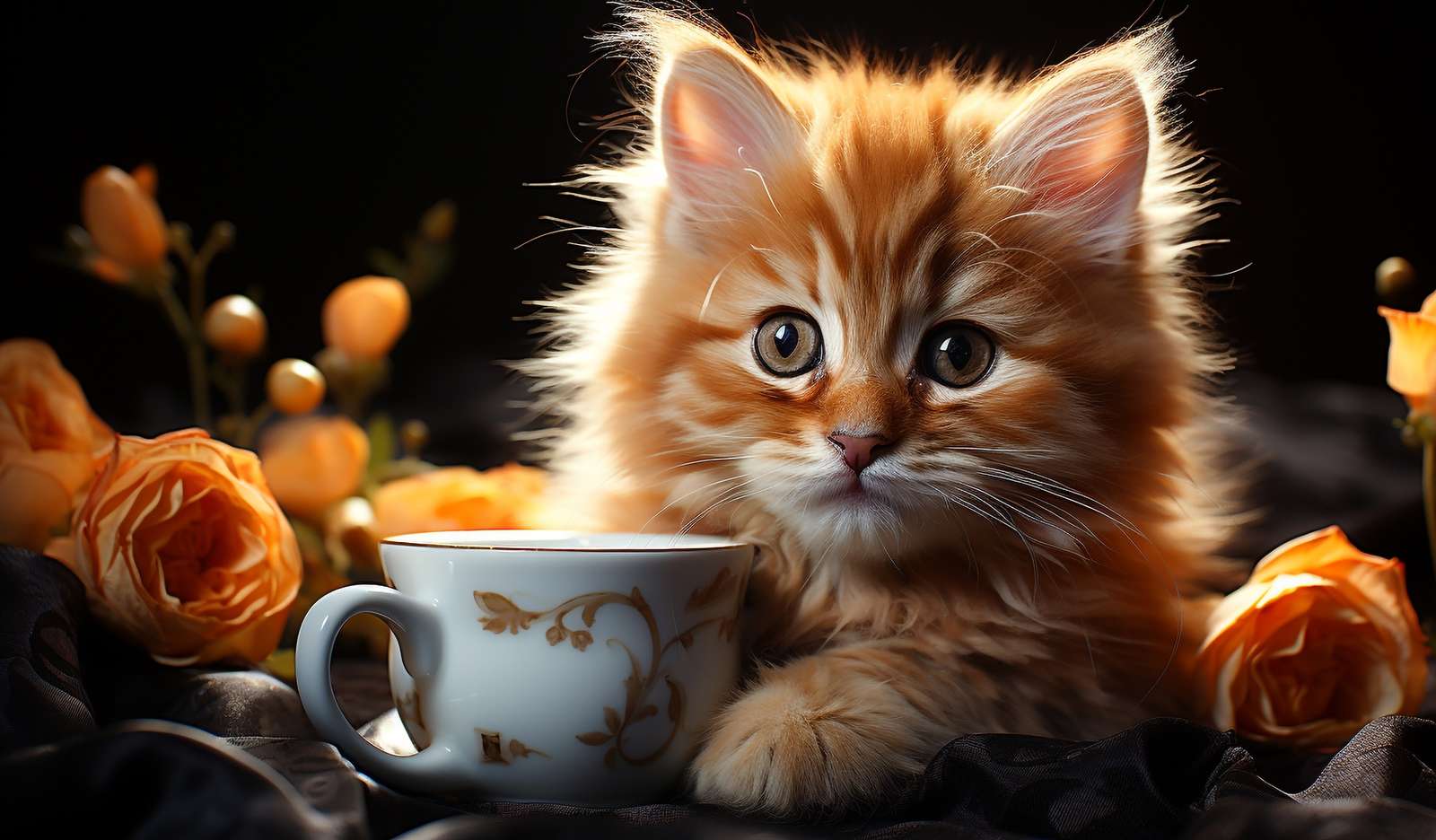 Mały rudy kotek obok filiżanki i róż puzzle online