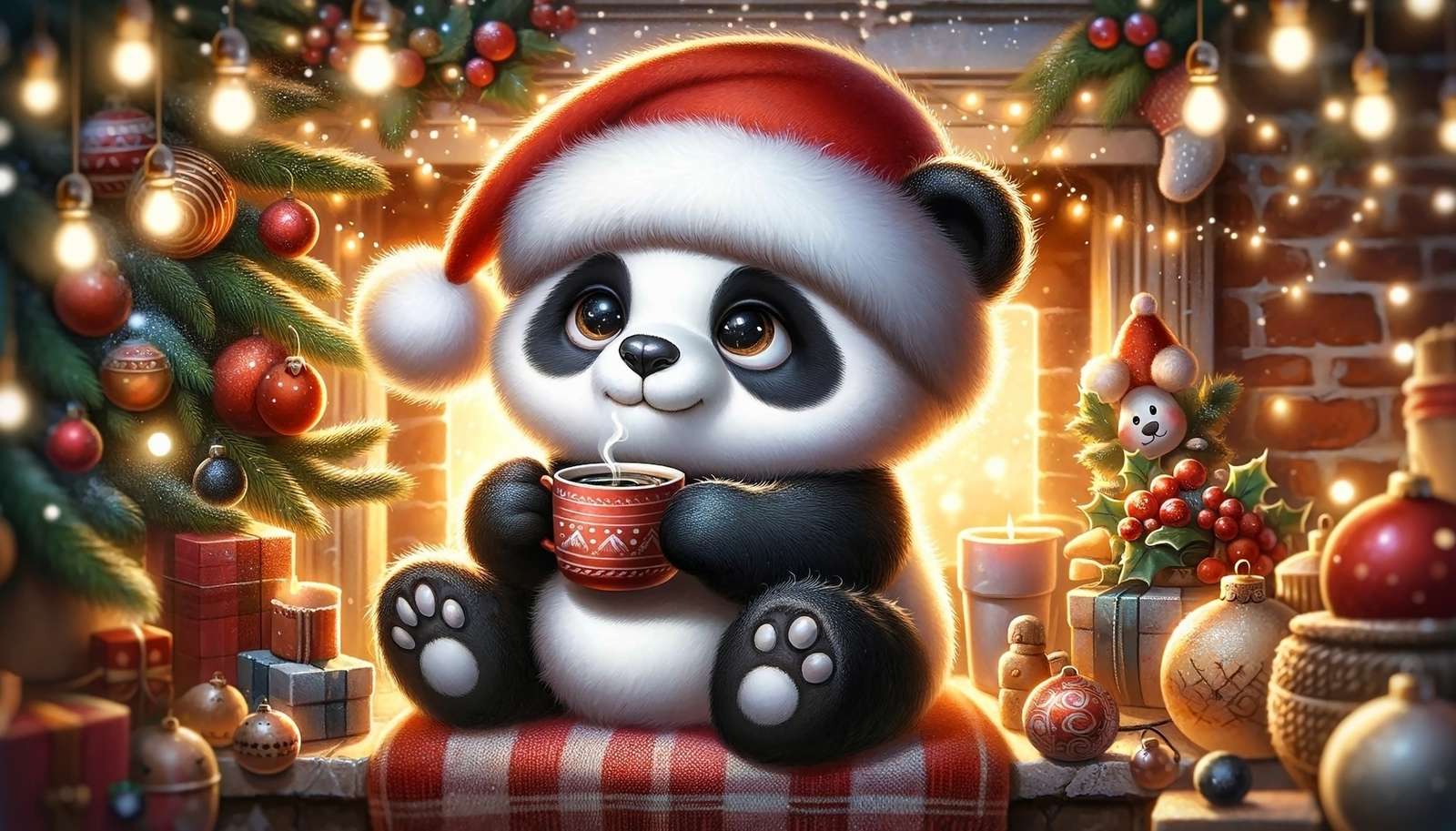 Panda w czapce Mikołaja obok choinki i kominka puzzle online