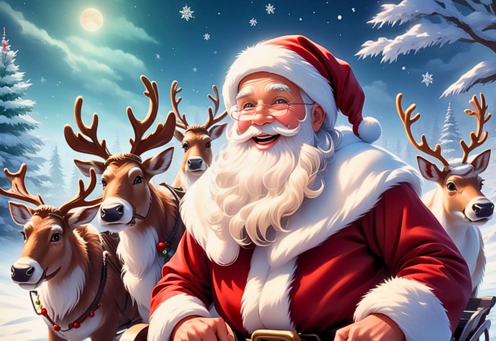 Święty Mikołaj z reniferami puzzle online