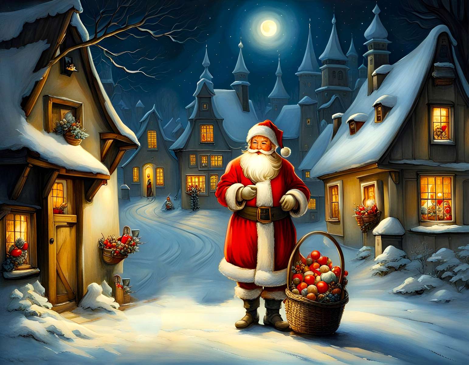 Św. Mikołaj po pracy, z koszem pełnym poczęstunków puzzle online