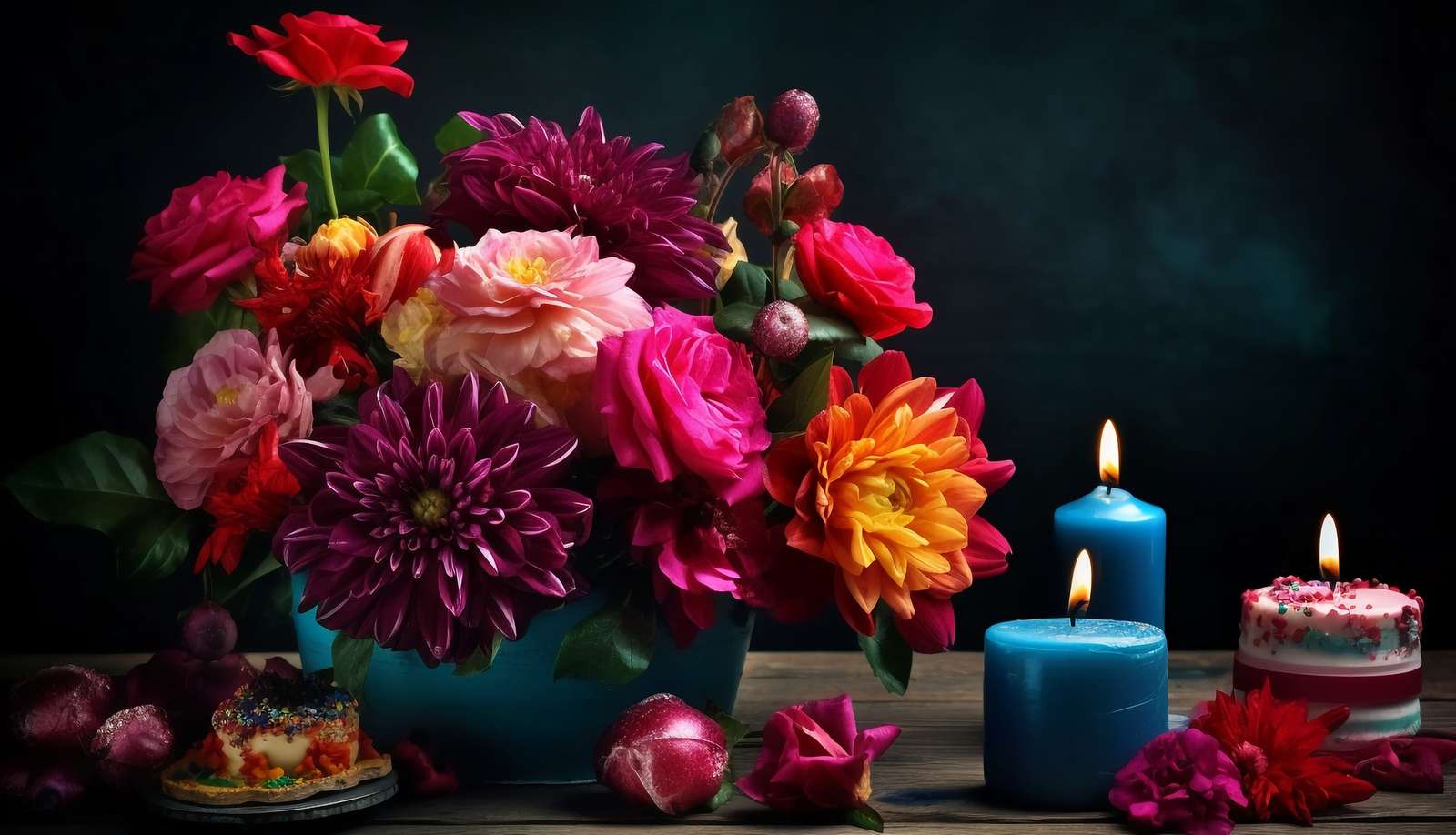 Świece obok bukietu kolorowych kwiatów puzzle online
