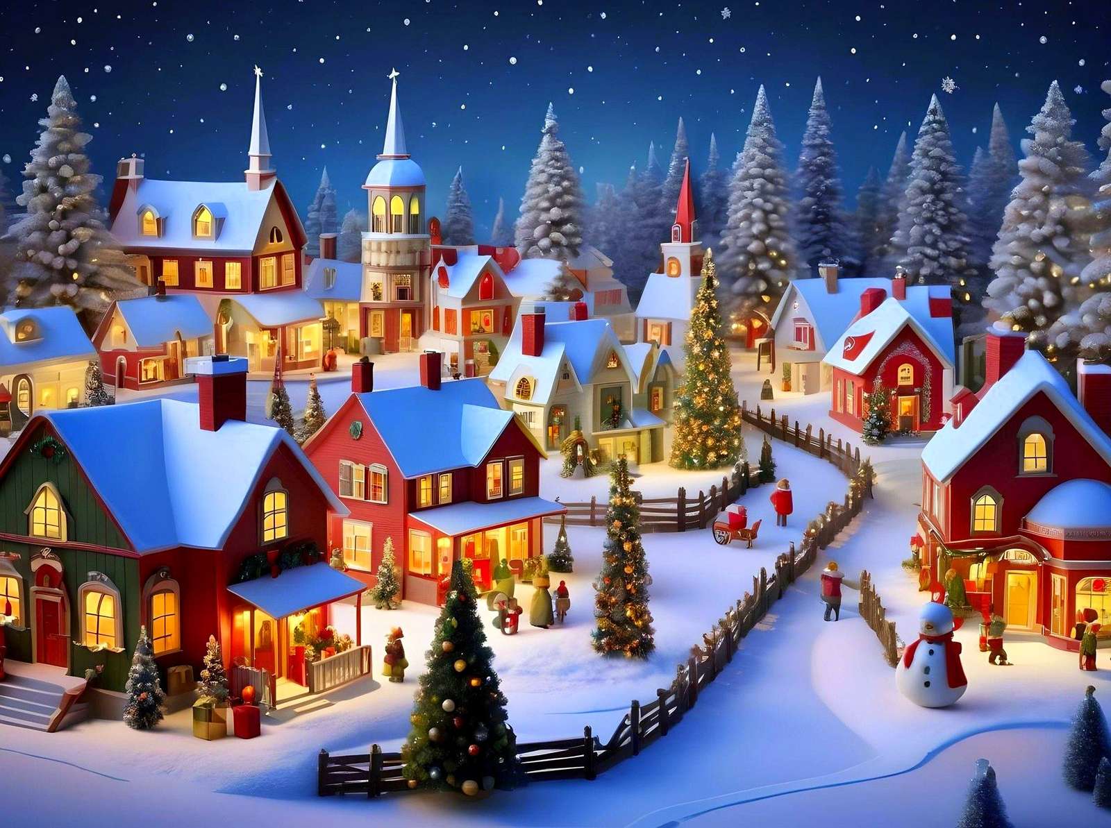 Zaśnieżone miasteczko w świątecznych dekoracjach puzzle online