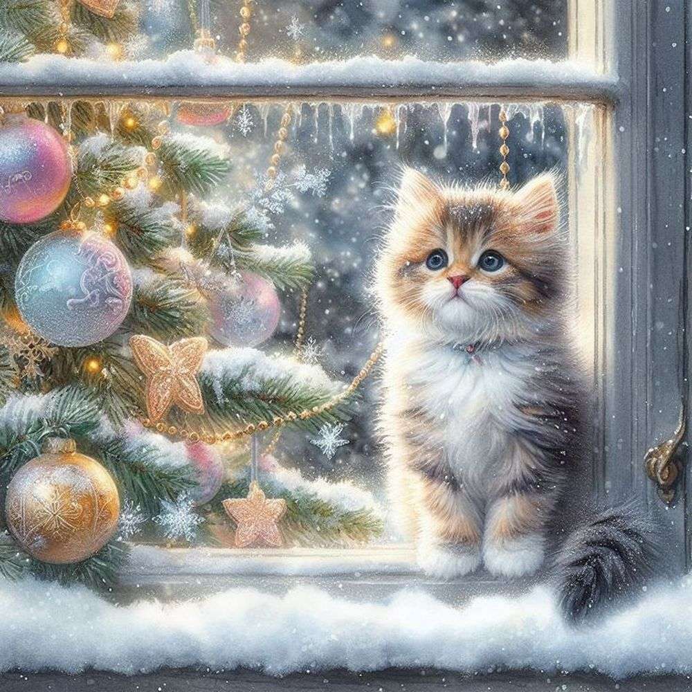 Słodki kotek na zimowym oknie puzzle online