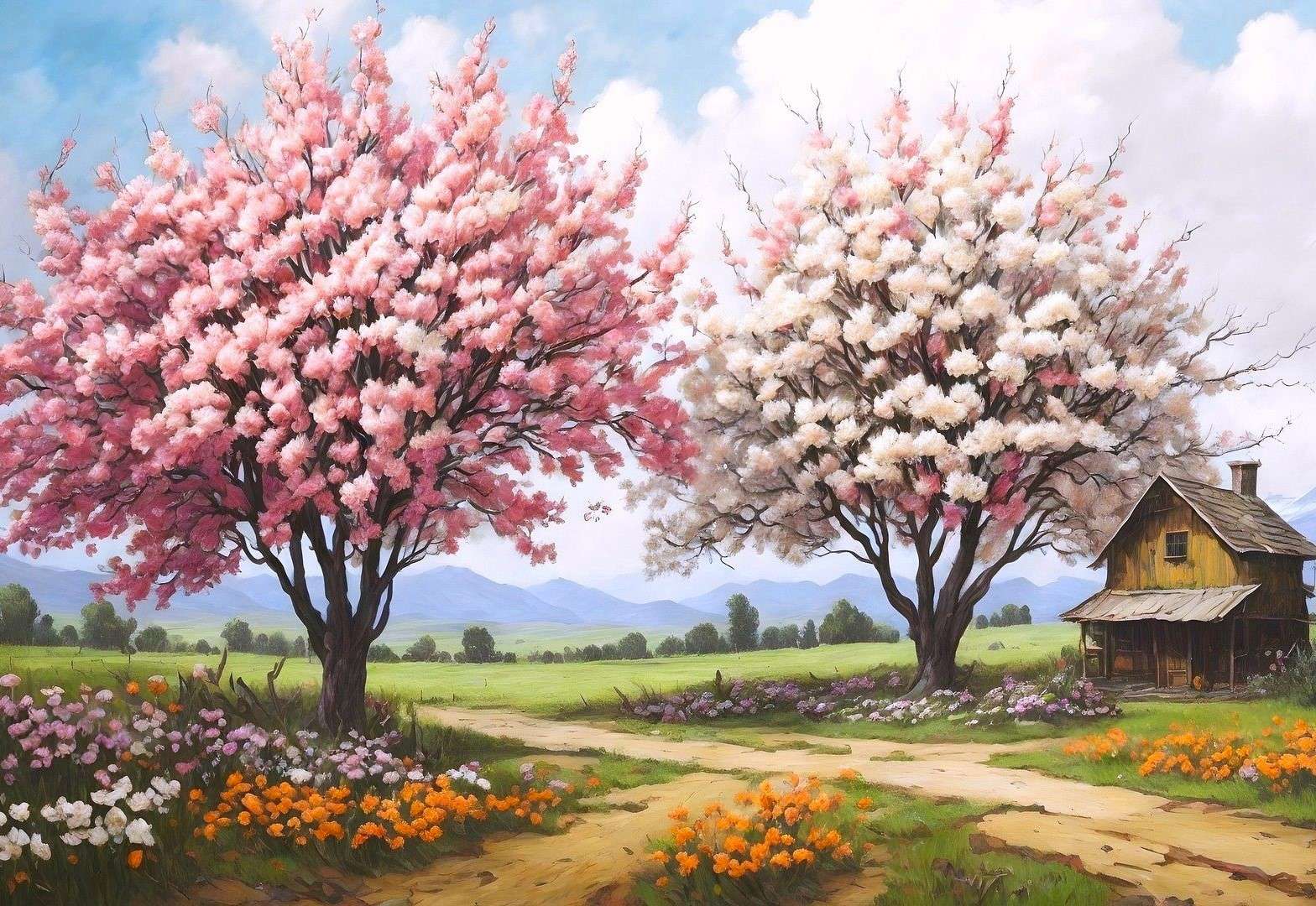 Kwitnące drzewa (pejzaż wiejski) puzzle online