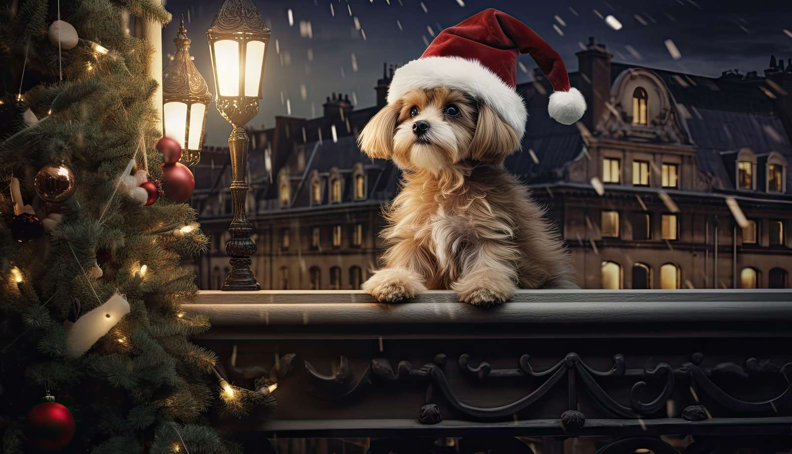 Pies w czapce Mikołaja obok latarni i choinki puzzle online