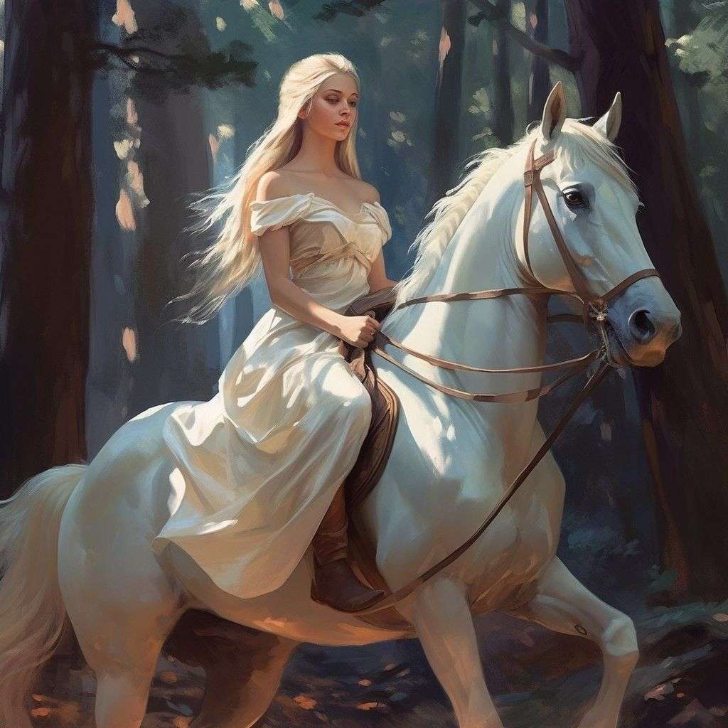 blondynka, biały koń puzzle online