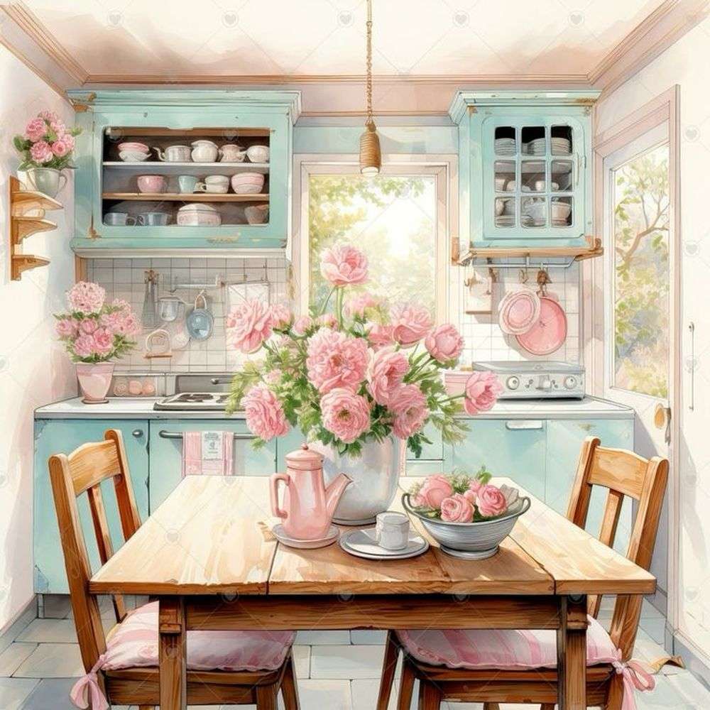 Różowo-niebieska kuchnia puzzle online