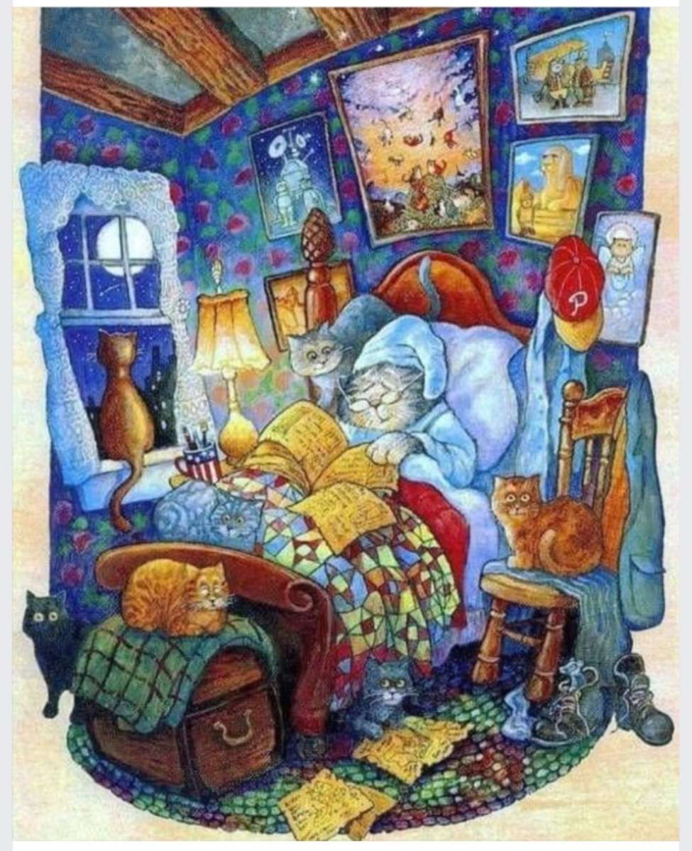 Babcia śpi z kotami puzzle online