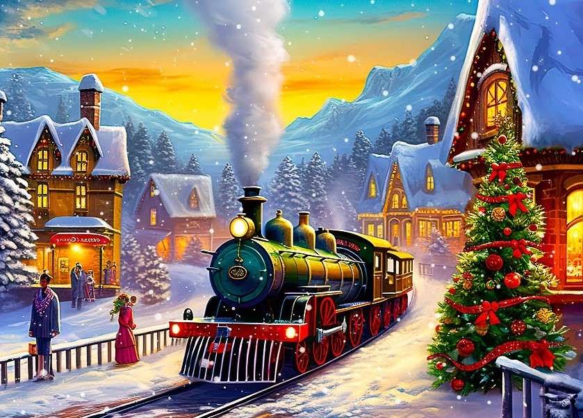 Przyjazd pociągu w świąteczny dzień puzzle online