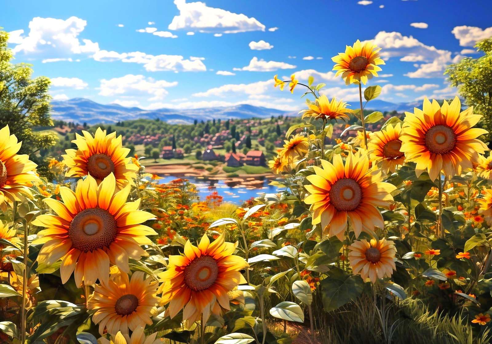 Krajobraz ze słonecznikami puzzle online