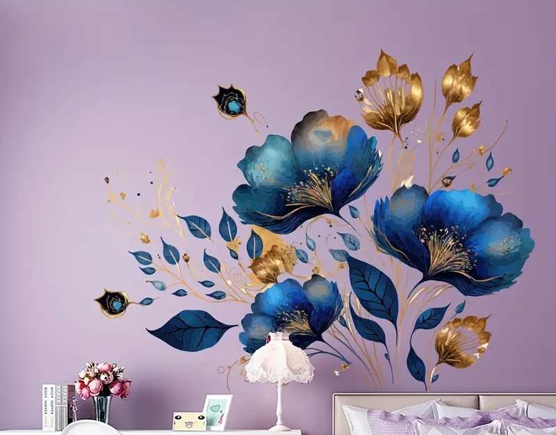 Mural autocollant - fleurs bleues et dorées puzzle online