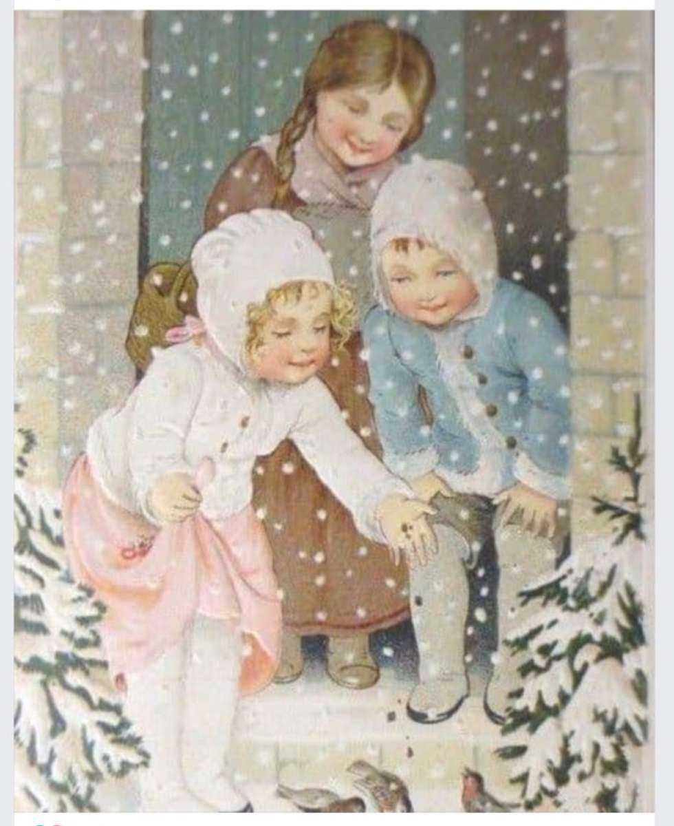 Trójka dzieci cieszy się śniegiem puzzle online