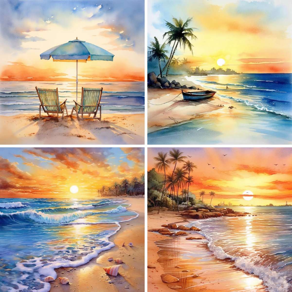 Akwarela zachód słońca na plaży puzzle online