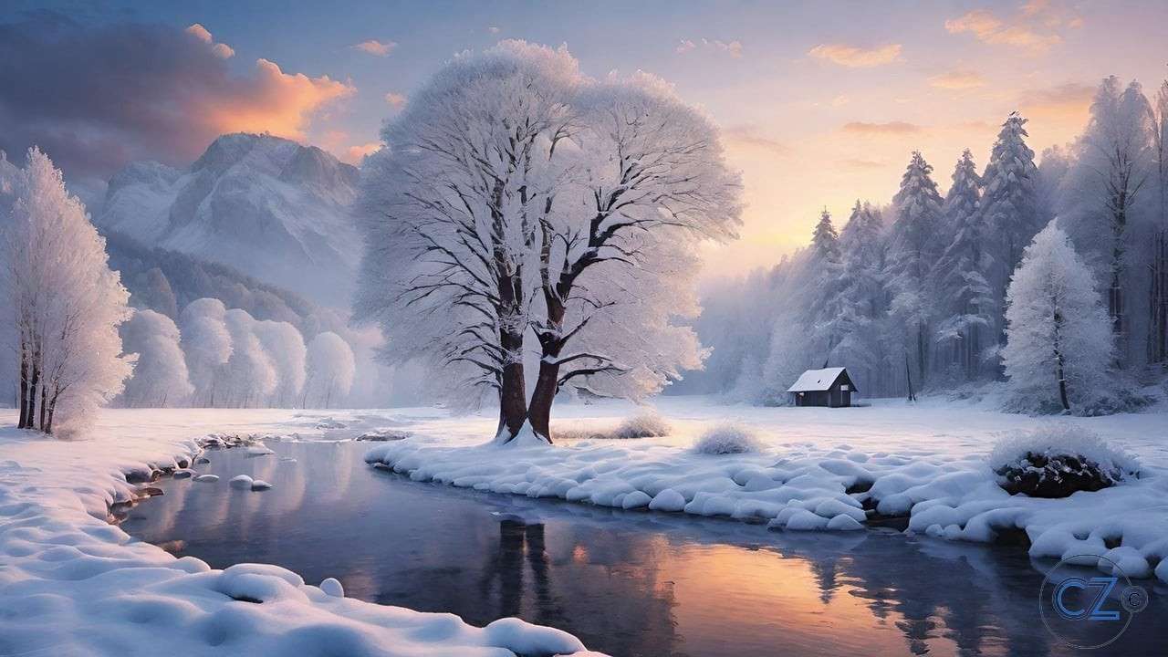 Zima, rzeka, dom, śnieg puzzle online