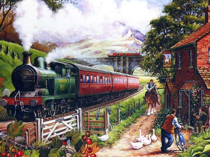 Pociąg przejeżdżający przez wioskę puzzle online