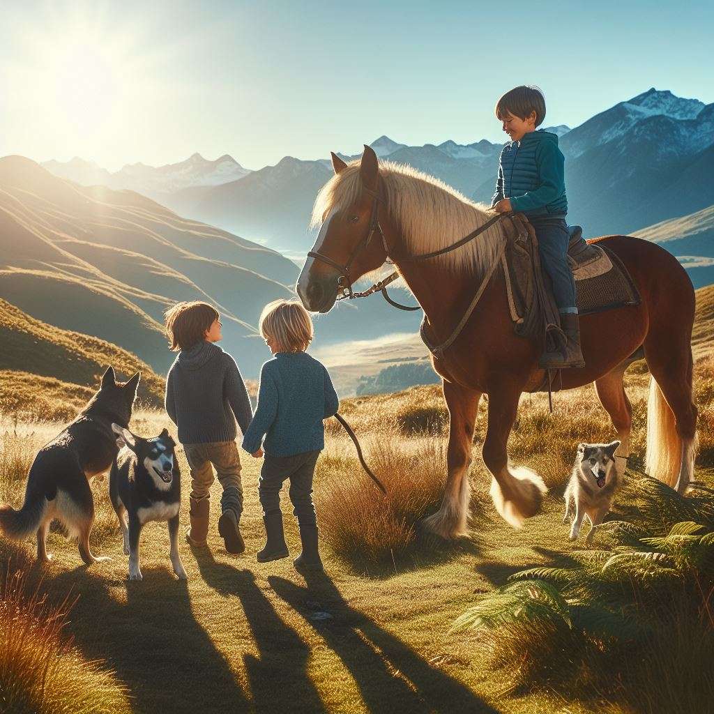 Dzieci ze zwierzętami w górach puzzle online