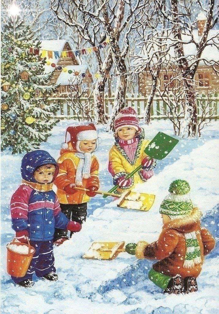 Dzieci budują zjeżdżalnię śnieżną puzzle online