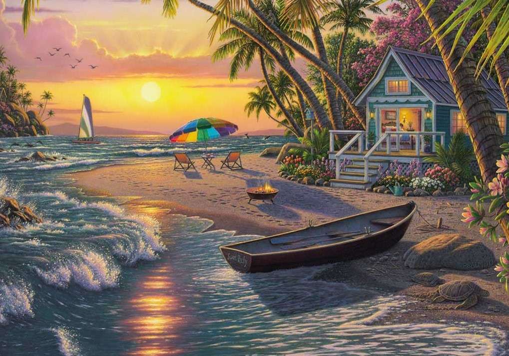 Domek przy plaży i zachód słońca puzzle online