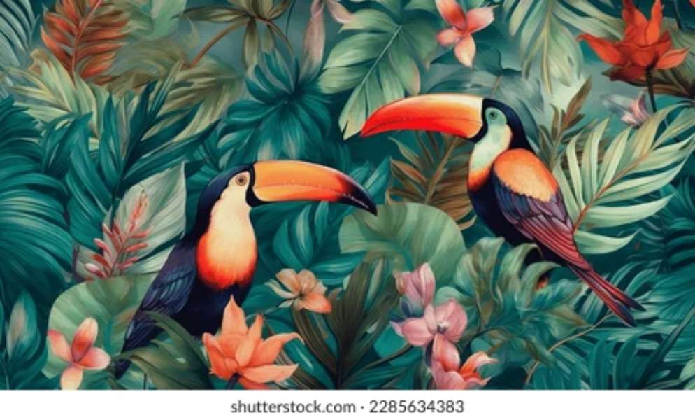 piękne ptaki z liśćmi, kolorowymi kwiatami puzzle online