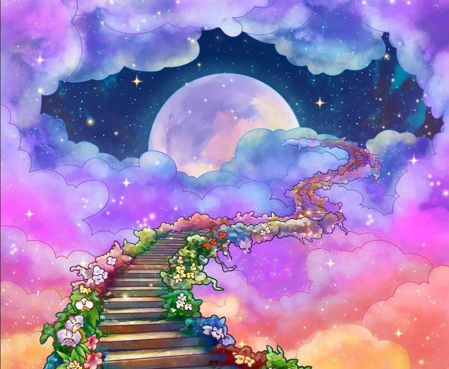schody do nieba, kolorowe chmury i księżyc puzzle online