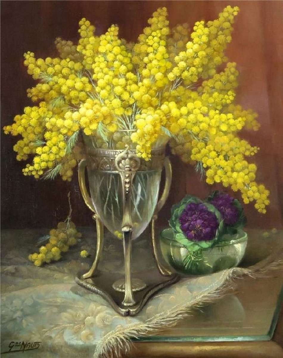 Szklany wazon z ładnymi mimozami puzzle online