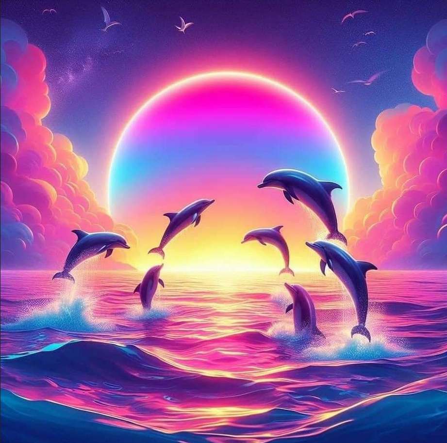 delfiny w morzu ksieżyc i zachód słońca puzzle online