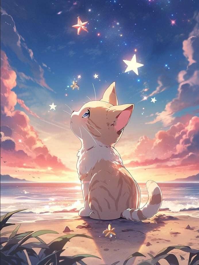 słodki kotek patrzący na gwieździste niebo puzzle online