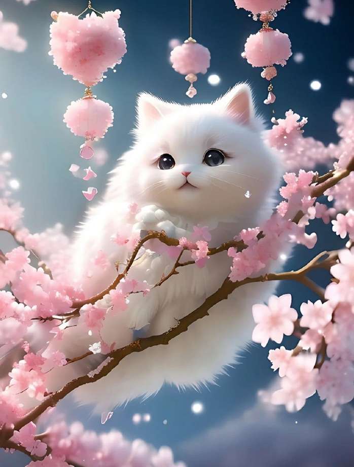 słodki kotek i kwiaty wiśni puzzle online