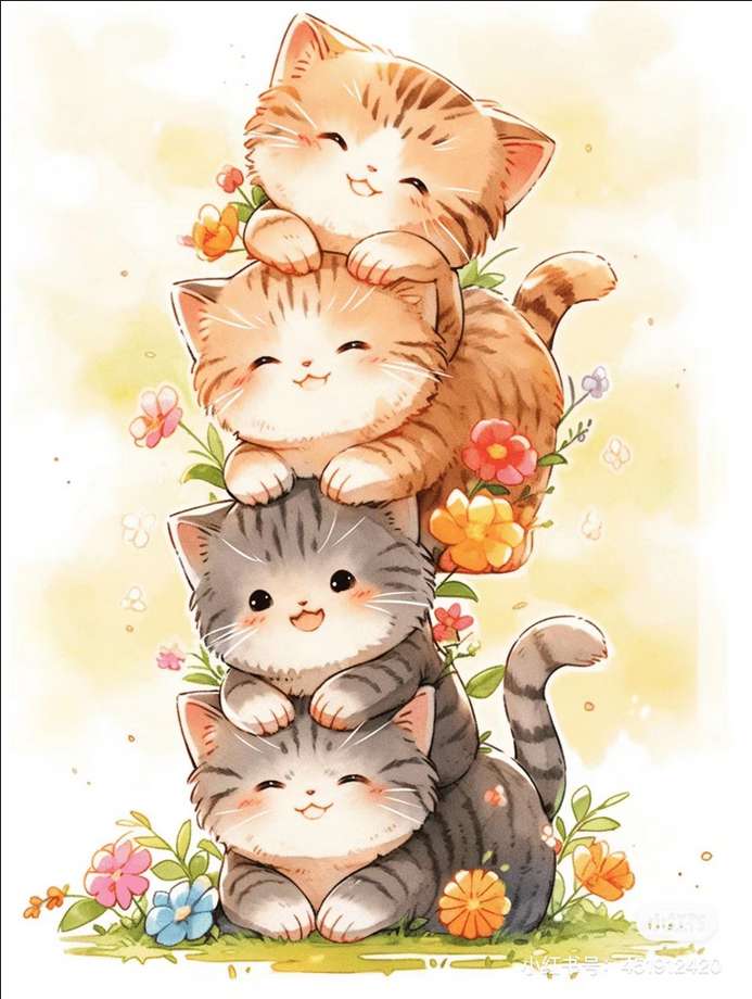 cztery słodkie kotki i kwiatki puzzle online