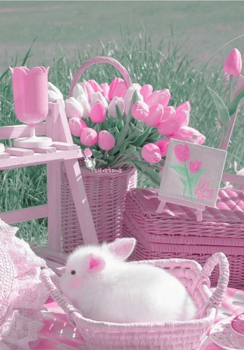 słodki biały króliczek w koszyczku puzzle online