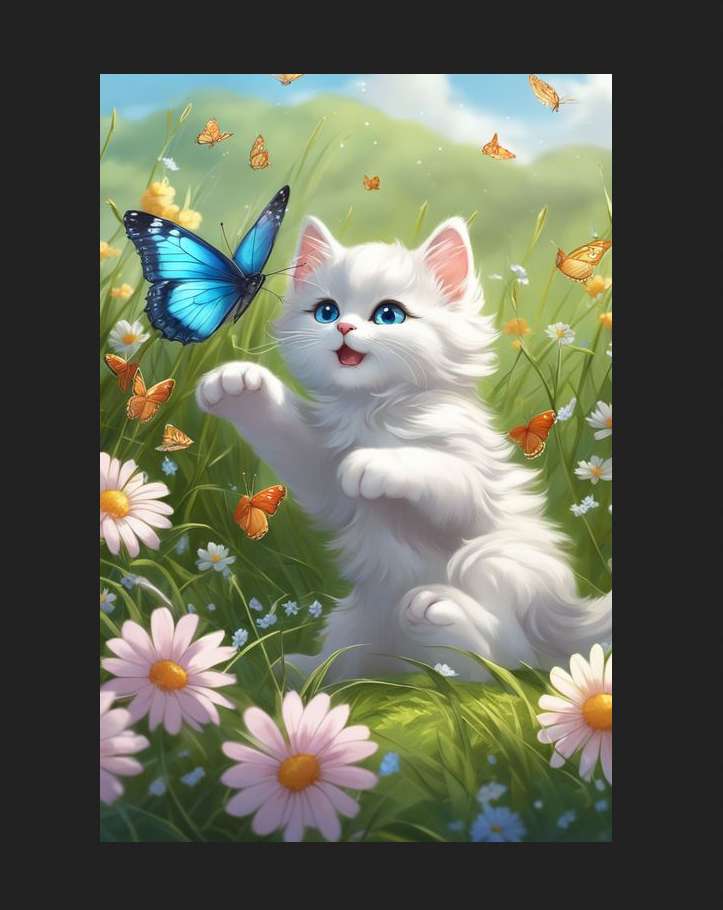 słodki biały kotek na łące z motylami puzzle online