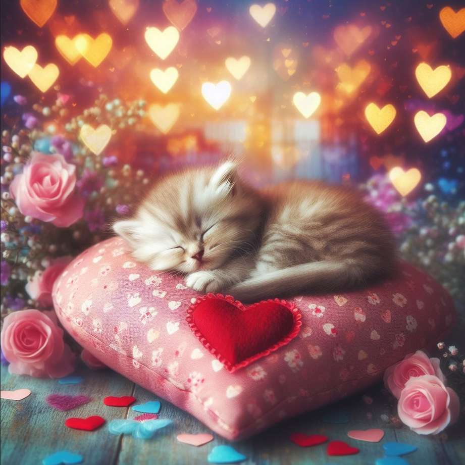 śpiący kotek z sercem i różami puzzle online
