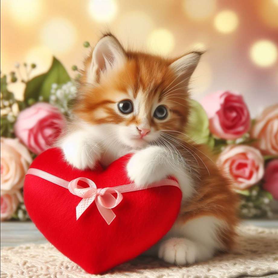 kotek z sercem i różami walentynkowe podarunki puzzle online