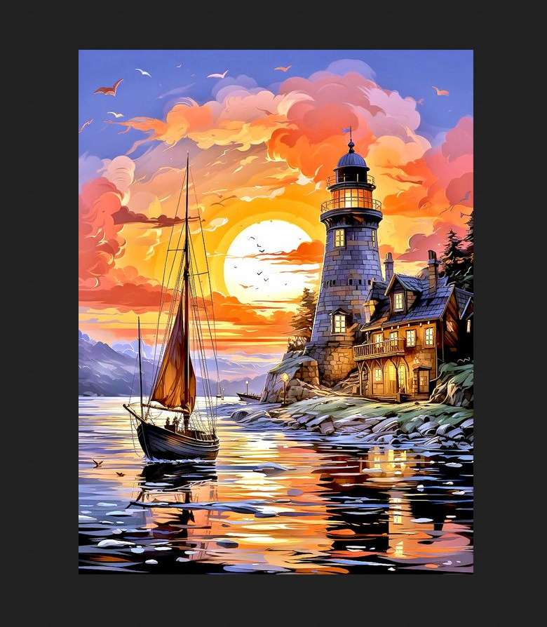 piękna latarnia morska i statek, zachód słońca puzzle online
