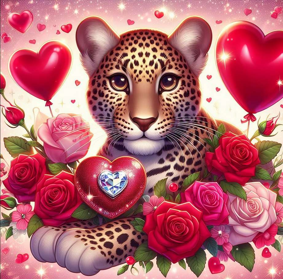 słodki gepard i balony serduszka, róże puzzle online