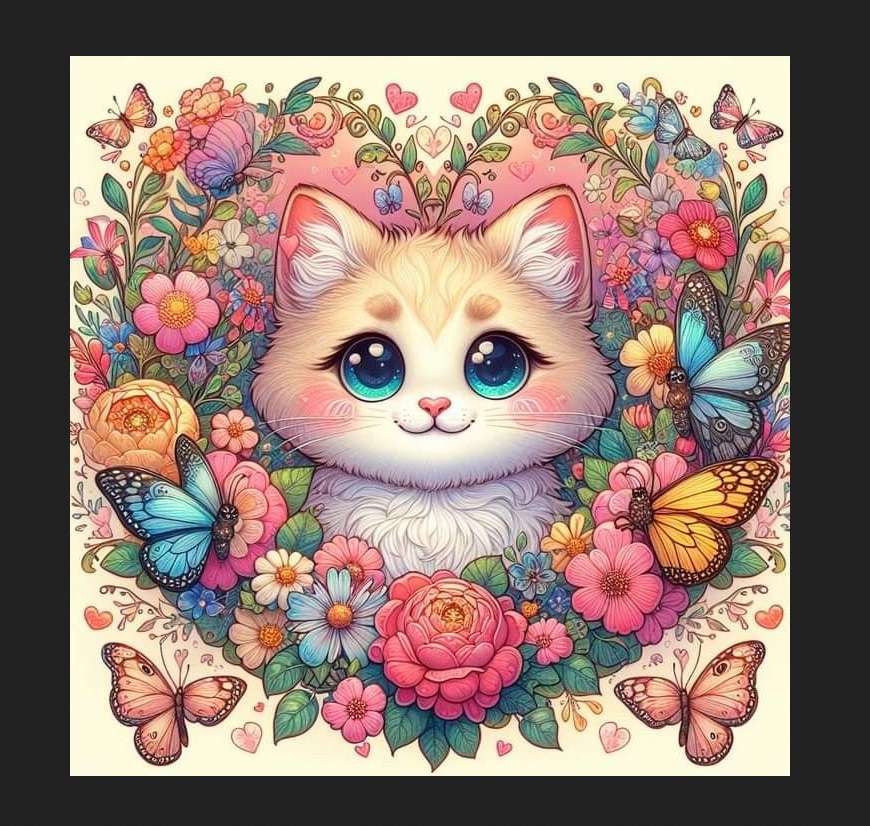 słodki kotek w kwiatach i motylki puzzle online